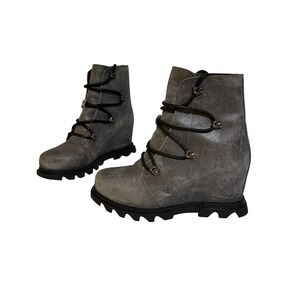 Sorel Women Joan of Arctic Wedge III Lexie Boot 7 Gray Waterproof Leather Grunge